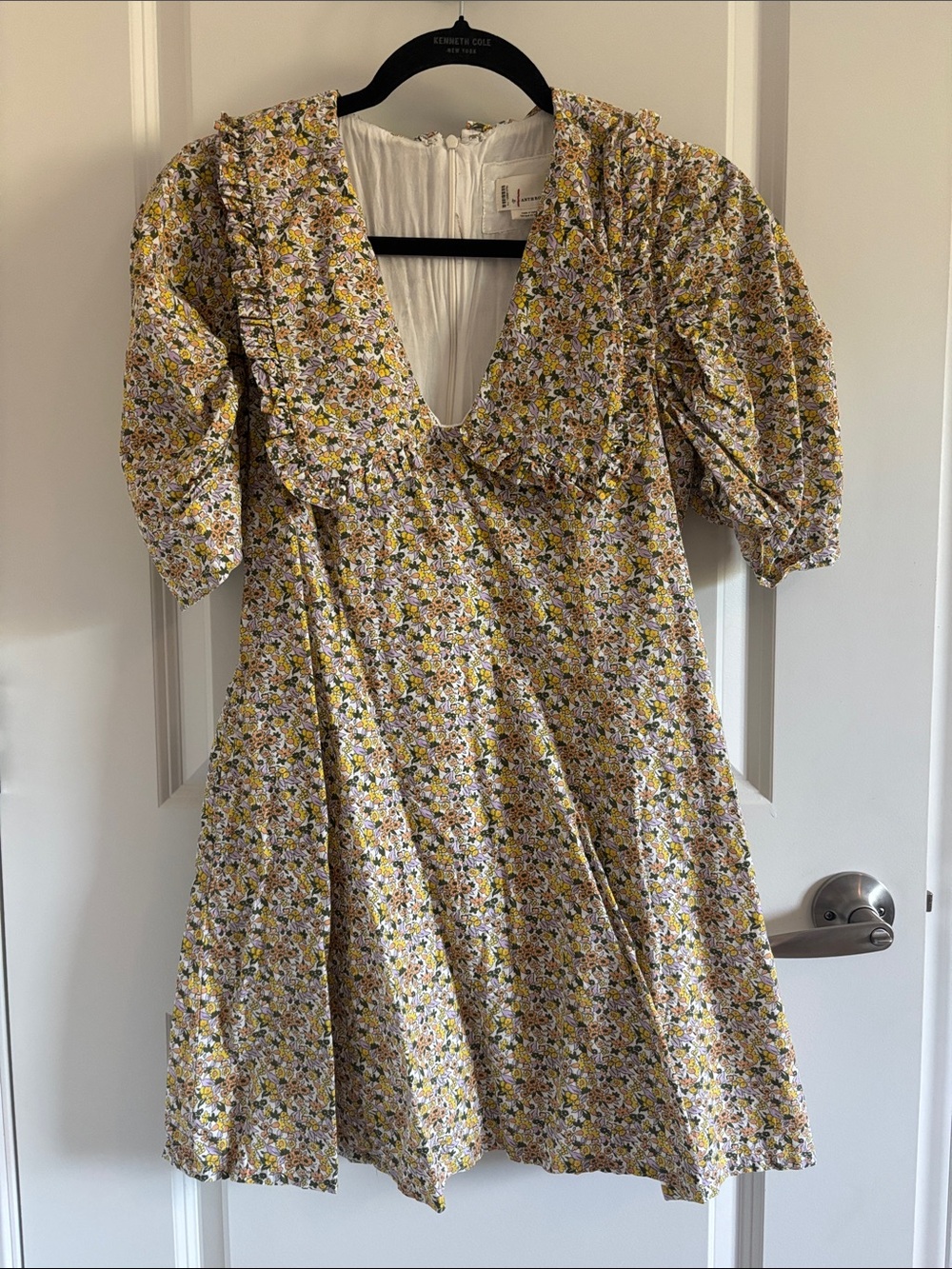 Anthropologie Yellow Floral Ruffle-Trim Puff Sleeve Mini Dress